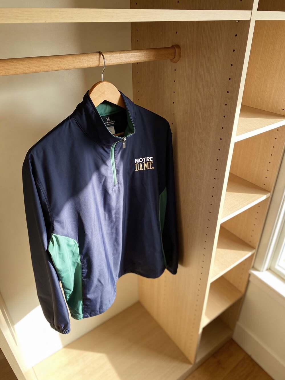 Knights Apparel Notre Dame Fighting Irish Navy and Green Quarter-Zip Windbreaker